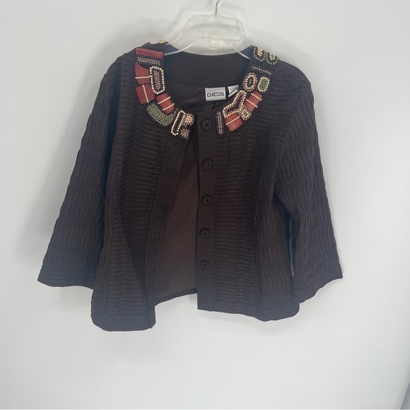Chicos Jacket Women Size 0 (S) Brown Coat Art To Wear Beaded Collar Lined - Picture 10 of 10